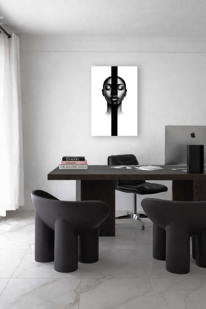 Minimal black portrait wall art featured in a bright home office with modern furniture, soft natural light, and a clean monochrome aesthetic.