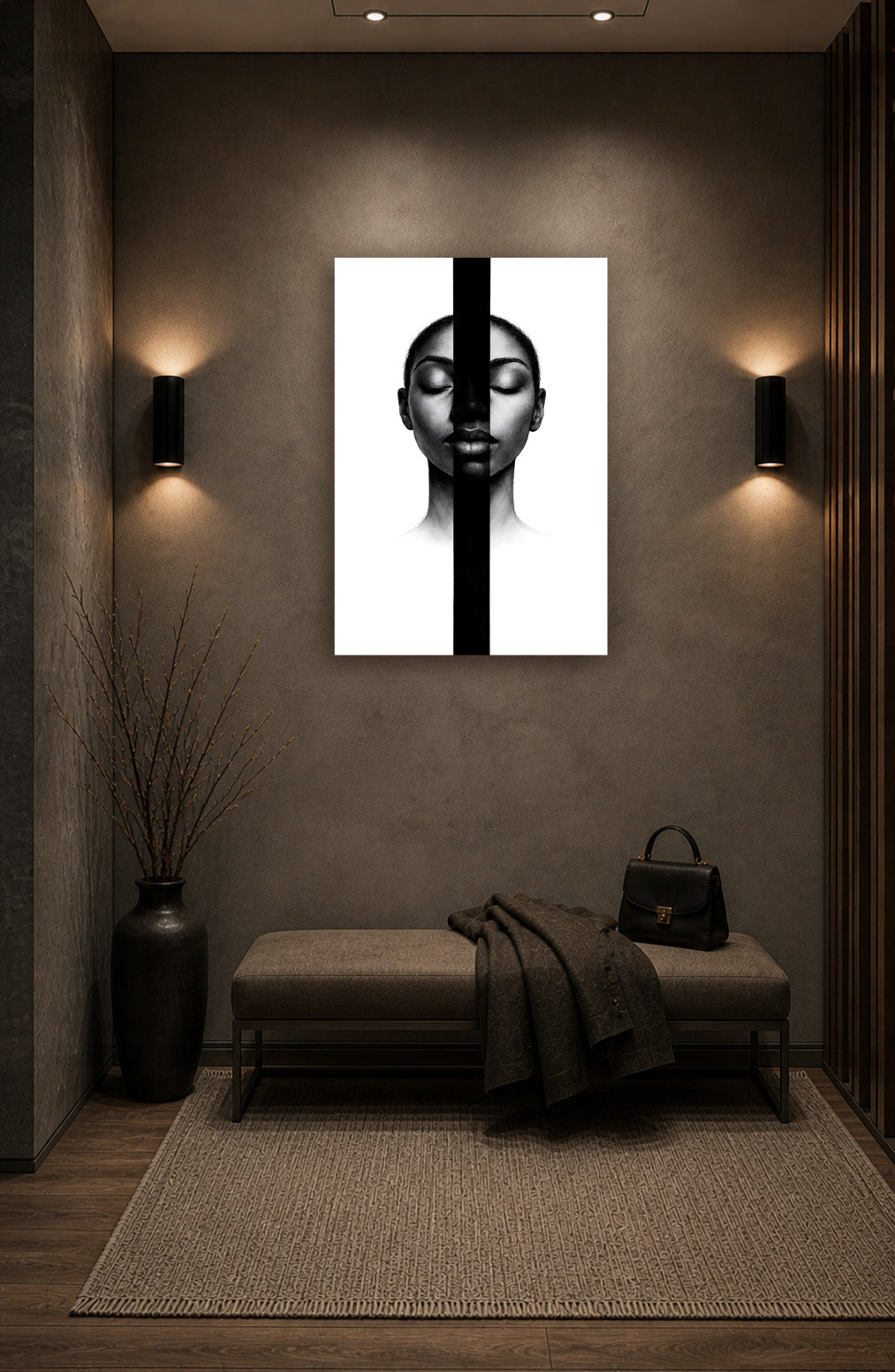 Minimal black portrait wall art displayed above a wooden bench in a calming meditation corner with warm ambient lighting and neutral decor.