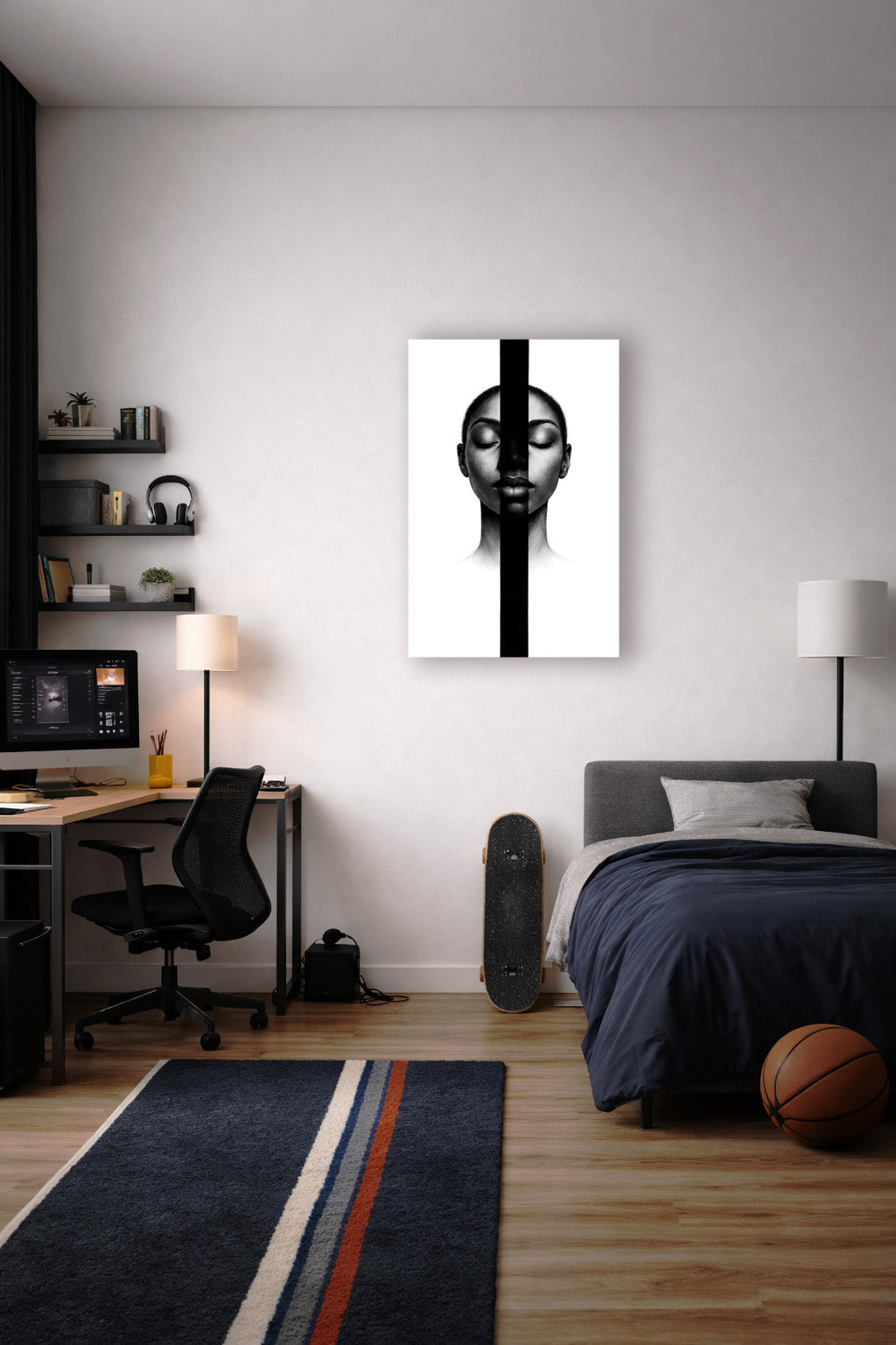 Modern black portrait canvas hanging above a bed in a contemporary bedroom with neutral tones and minimalist furnishings.