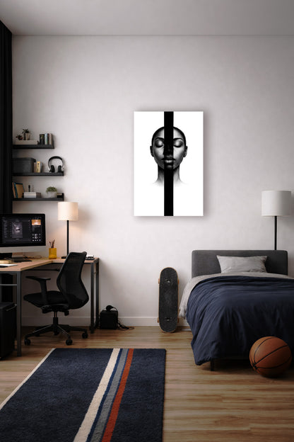 Modern black portrait canvas hanging above a bed in a contemporary bedroom with neutral tones and minimalist furnishings.