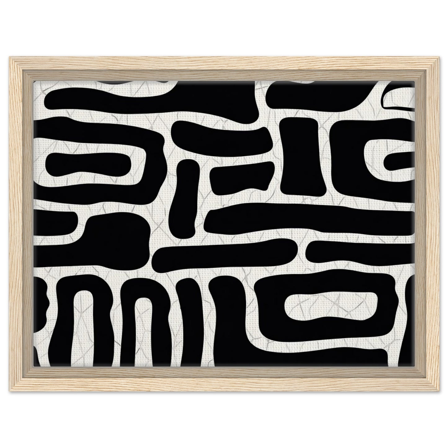 Minimal black and white abstract print with flowing graphic forms in natural wood frame