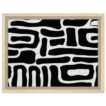Minimal black and white abstract print with flowing graphic forms in natural wood frame
