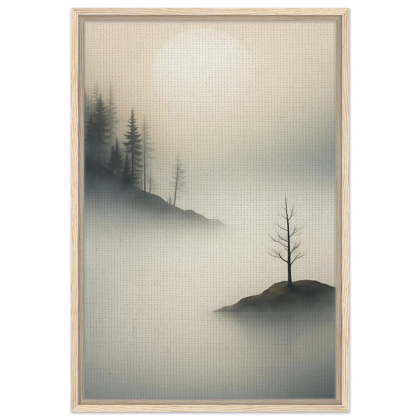 Minimal foggy landscape with pine forest and isolated tree in a black frame