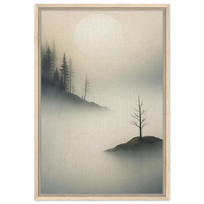 Minimal foggy landscape with pine forest and isolated tree in a black frame
