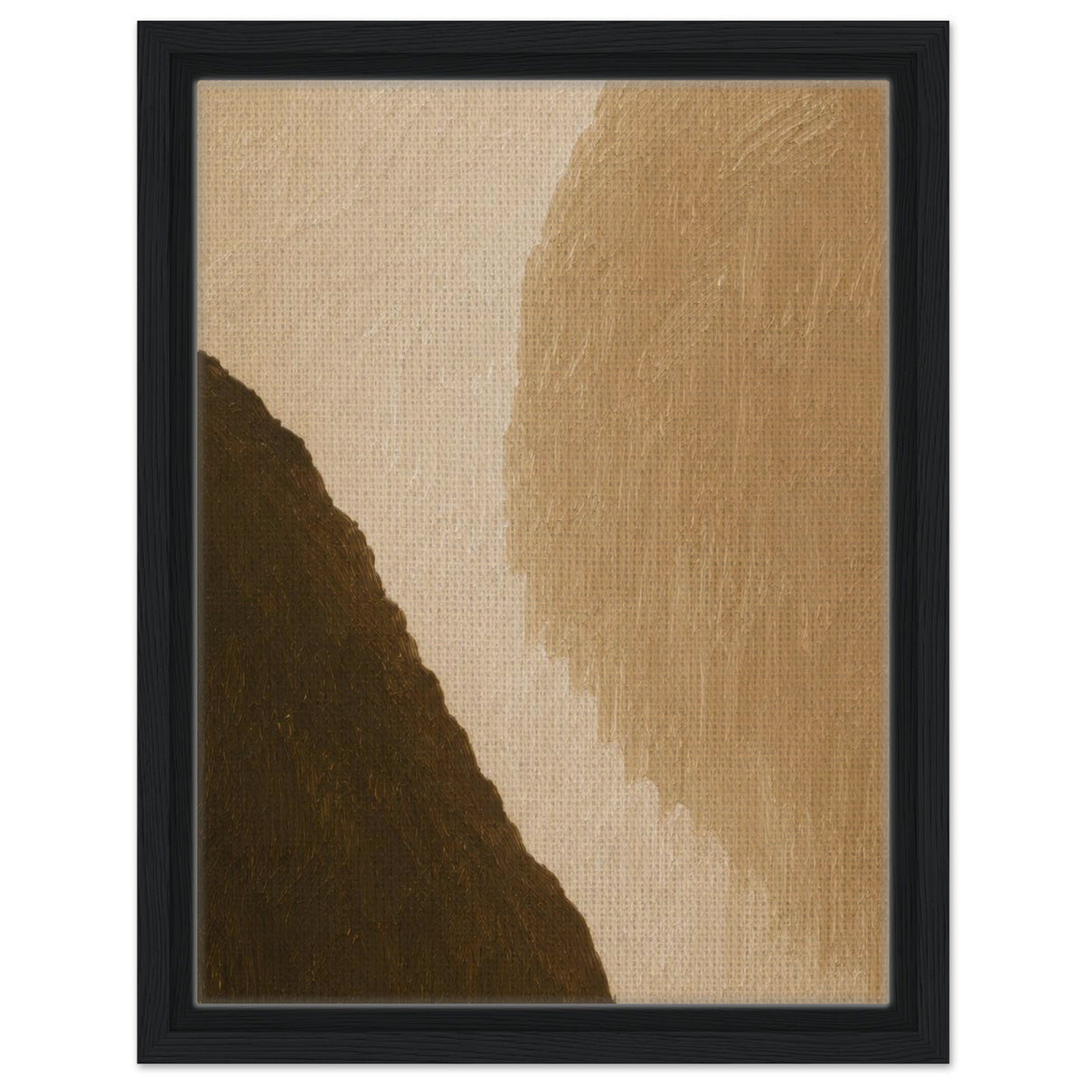 Minimal geometric artwork in warm neutral tones presented in a black frame
