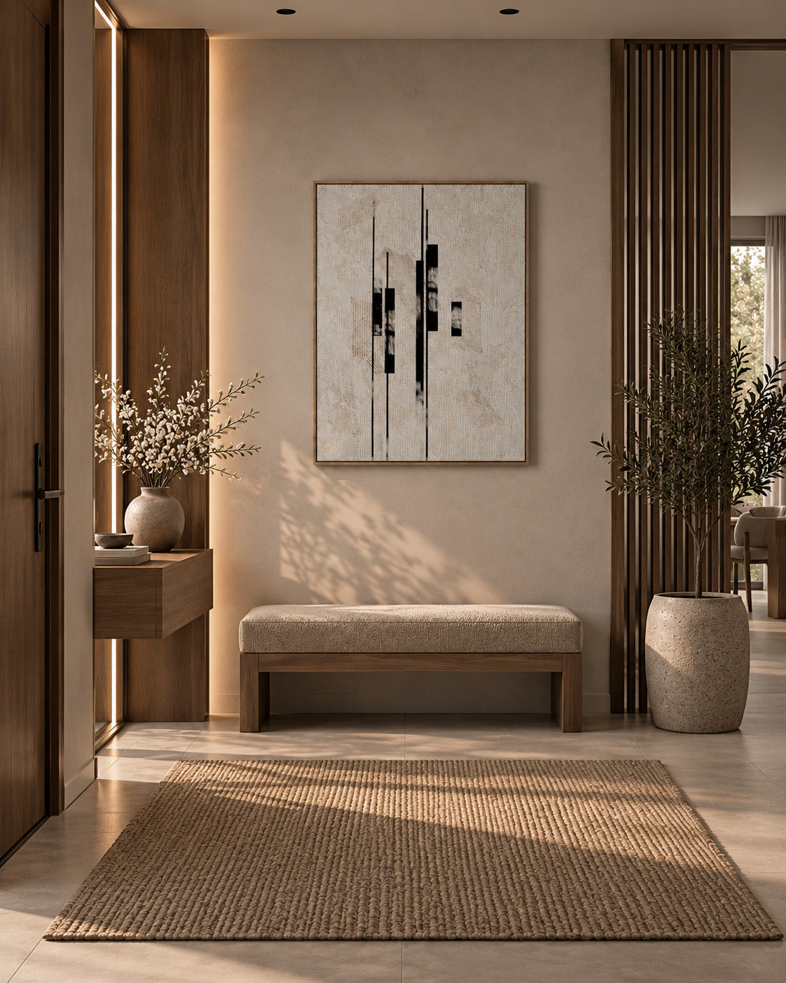 Minimal geometric artwork with vertical black forms in a warm modern entryway