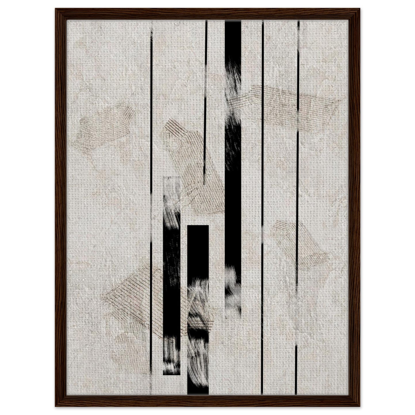 Minimal geometric print with black linear details in a dark wood frame