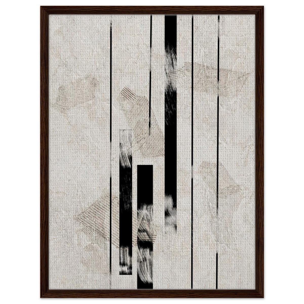 Minimal geometric print with black linear details in a dark wood frame