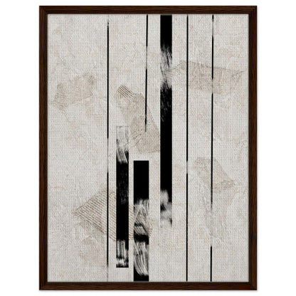 Minimal geometric print with black linear details in a dark wood frame