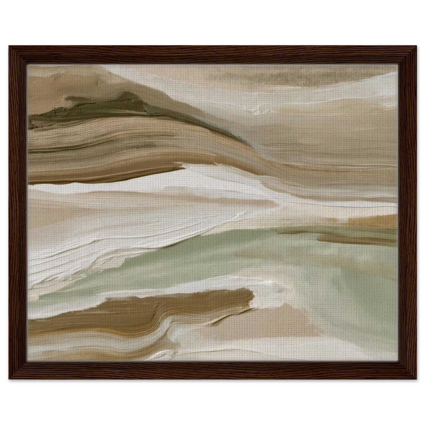 Minimal landscape artwork with soft green and neutral layers in natural wood frame