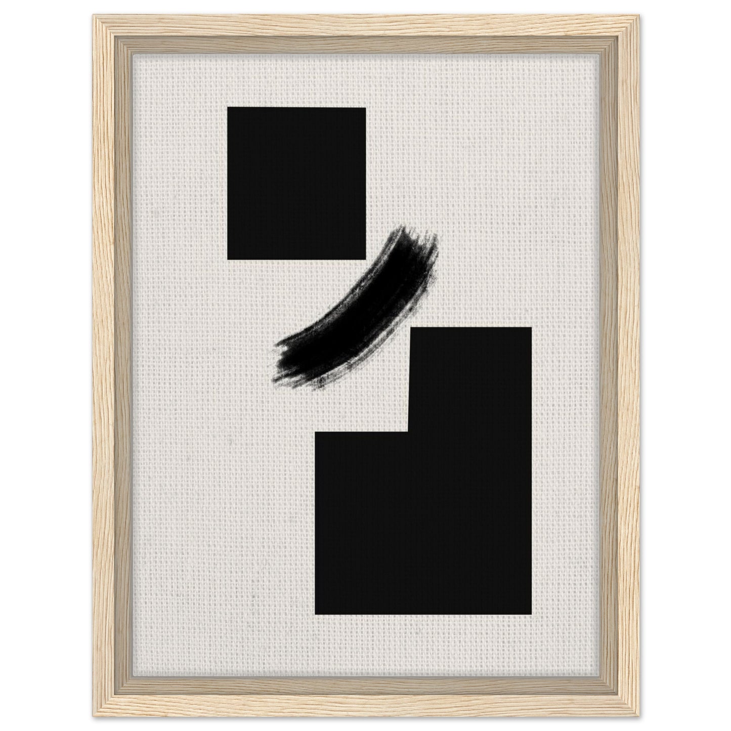 Minimal modern black artwork with geometric forms and expressive curved brushstroke