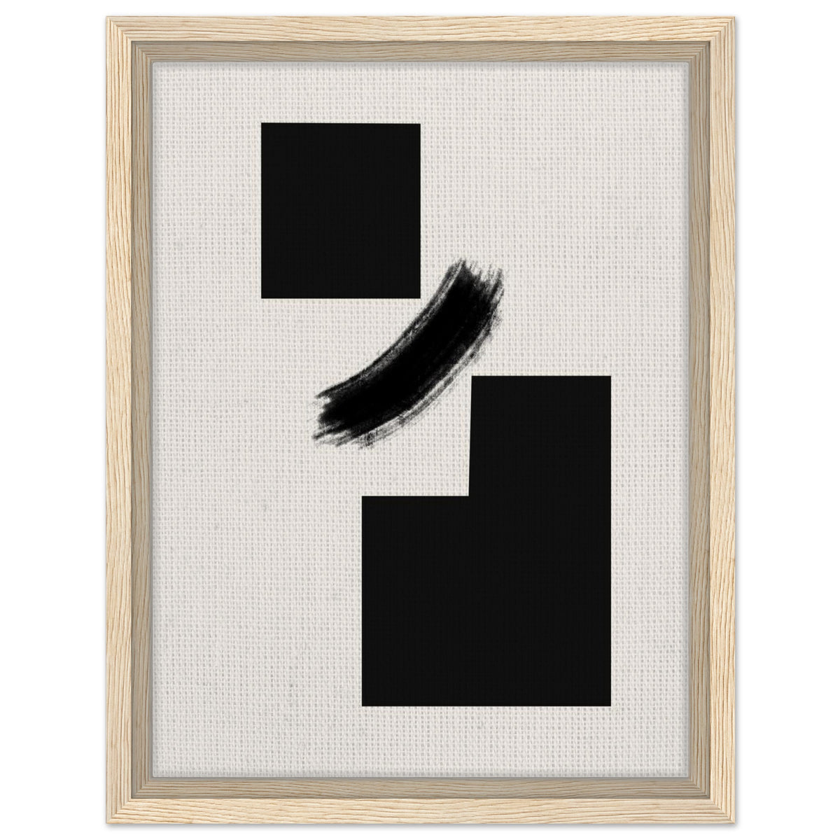 Minimal modern black artwork with geometric forms and expressive curved brushstroke