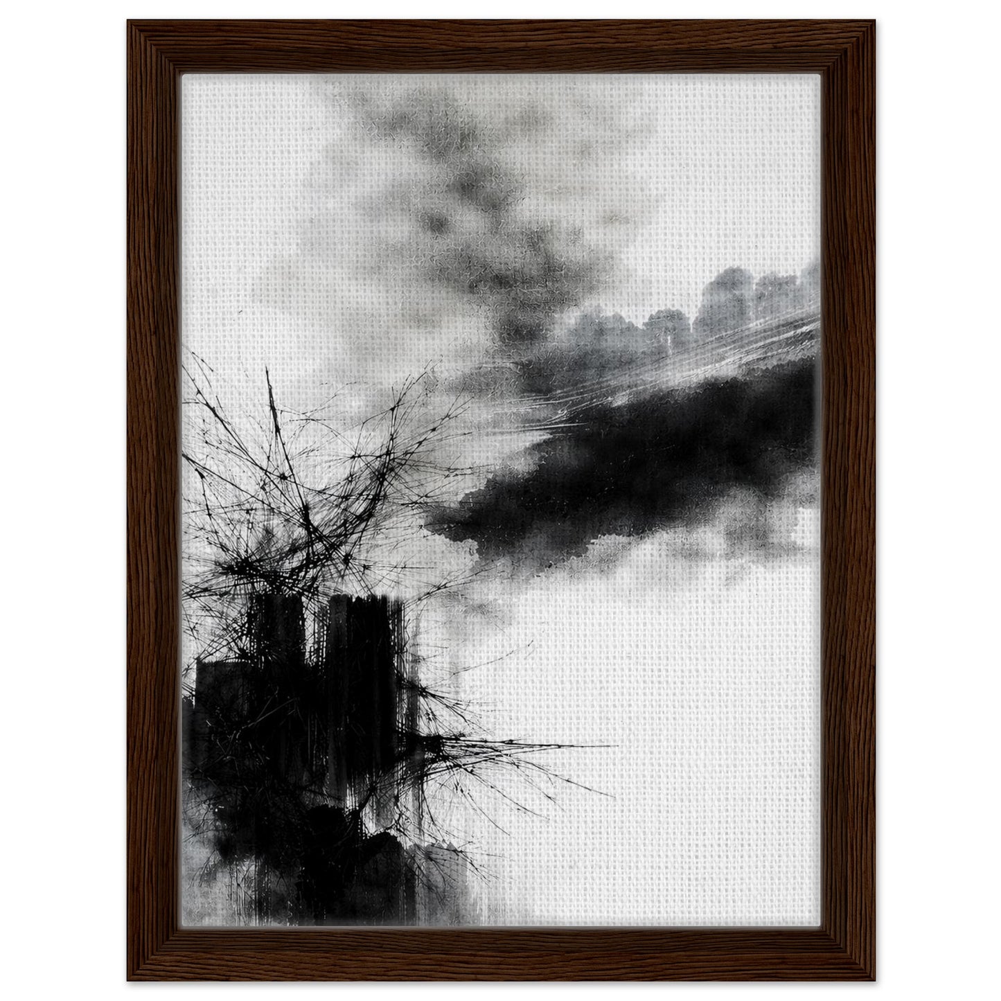 Minimal monochrome artwork with smoky black forms presented in a black frame
