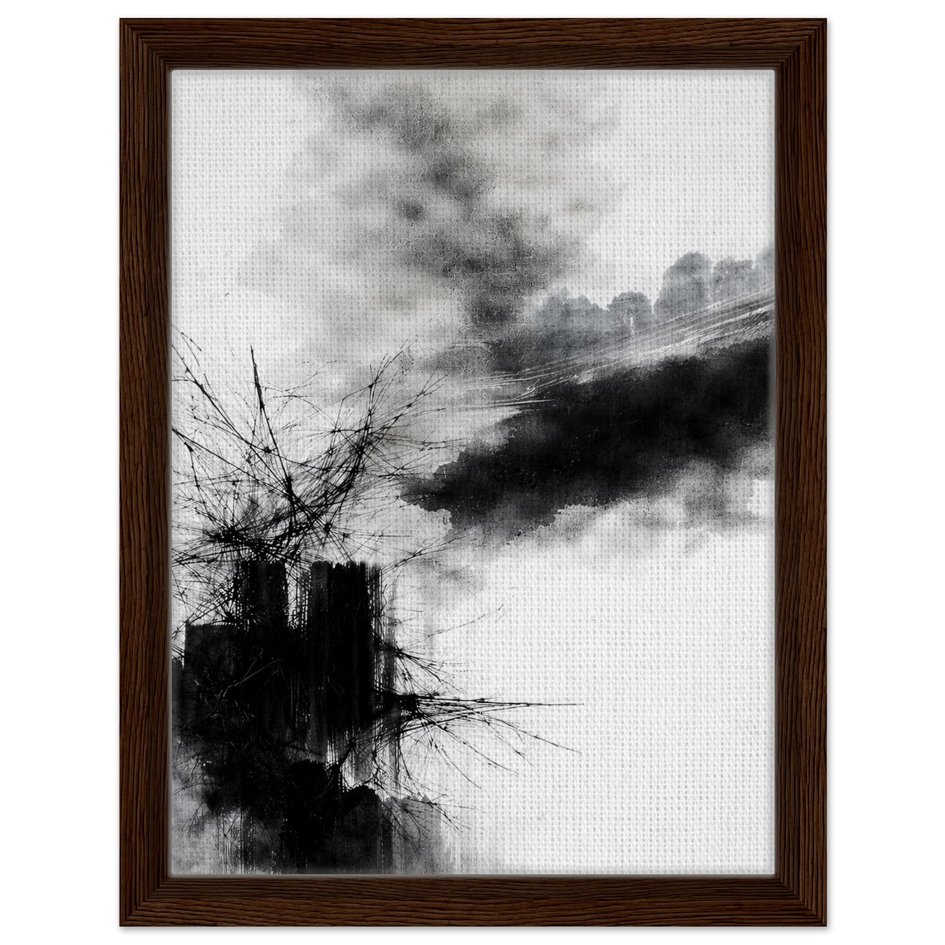 Minimal monochrome artwork with smoky black forms presented in a black frame