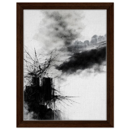 Minimal monochrome artwork with smoky black forms presented in a black frame