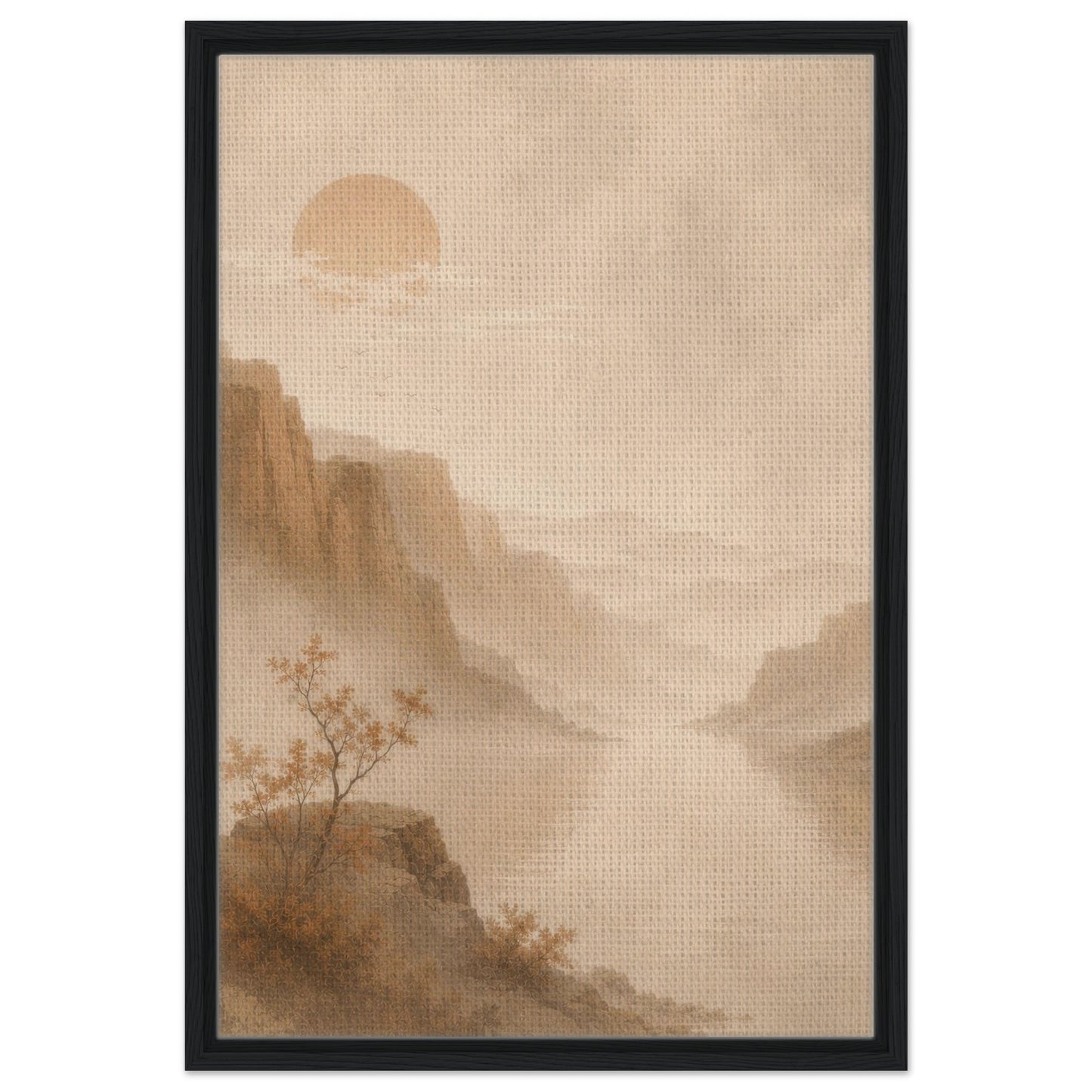 Minimal mountain wall art with soft beige mist and muted sun in a black frame