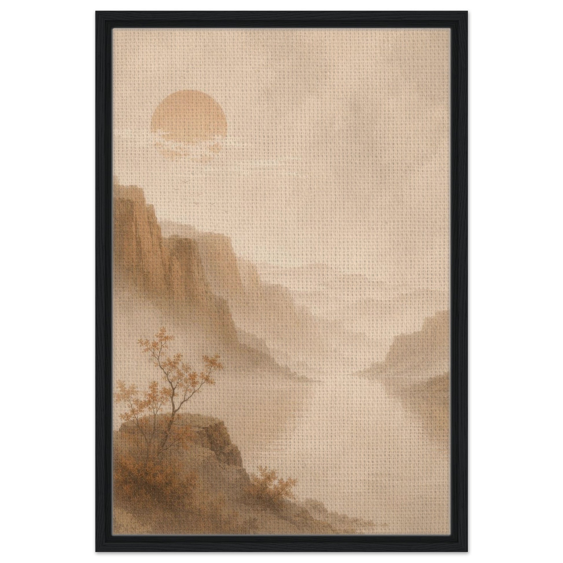 Minimal mountain wall art with soft beige mist and muted sun in a black frame