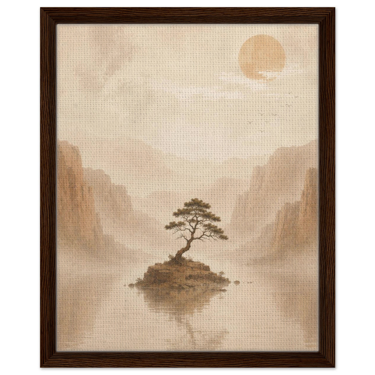 Minimal nature landscape with solitary tree reflected in calm water in black frame