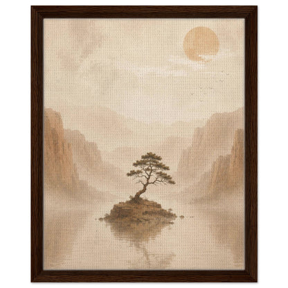 Minimal nature landscape with solitary tree reflected in calm water in black frame