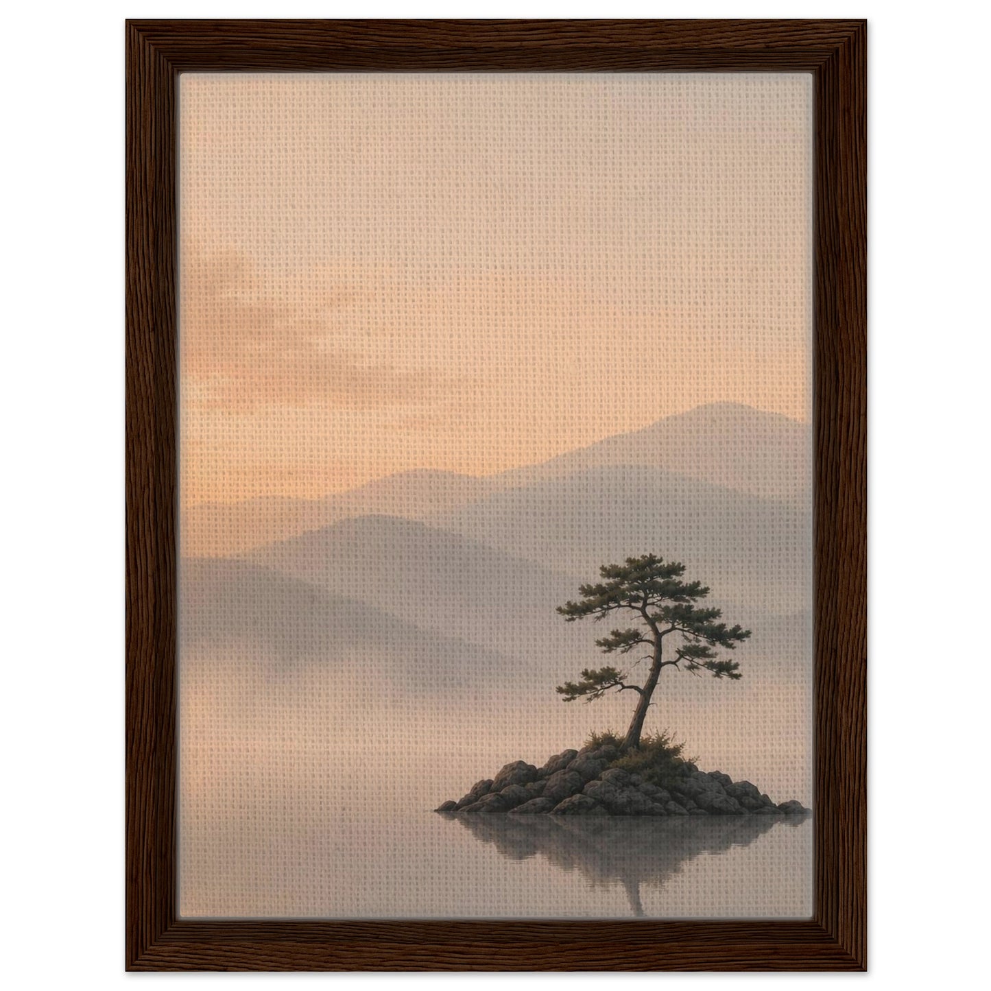 Minimal sunset landscape with solitary pine tree and layered misty mountains in black frame