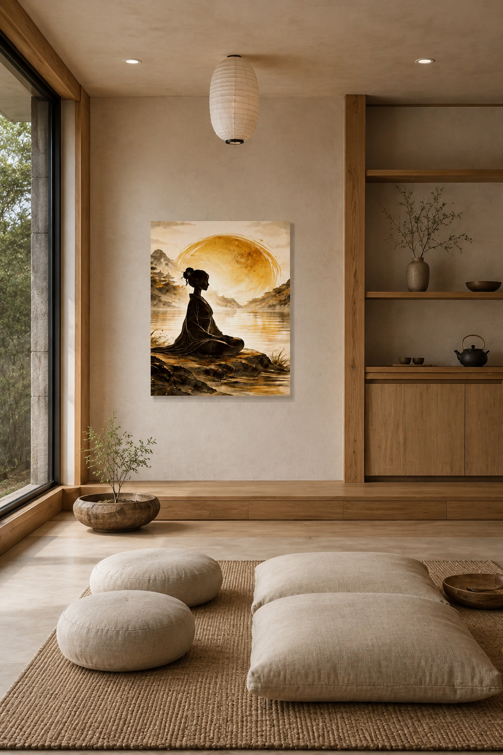Meditation canvas wall art in a serene minimalist zen room with floor seating, woven rug and soft beige aesthetic.