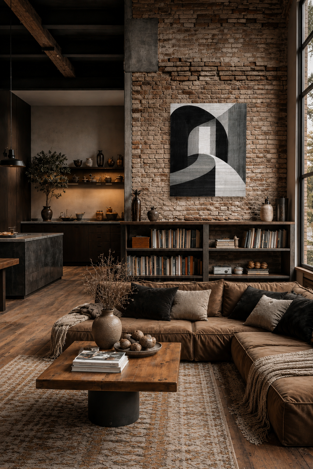 Large black and white abstract canvas wall art in a rustic loft living room with exposed brick walls