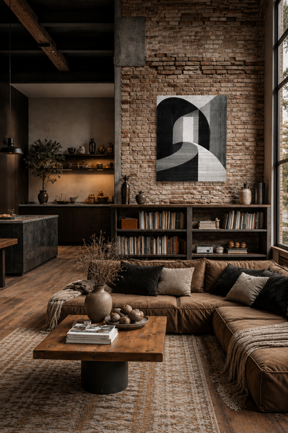 Large black and white abstract canvas wall art in a rustic loft living room with exposed brick walls