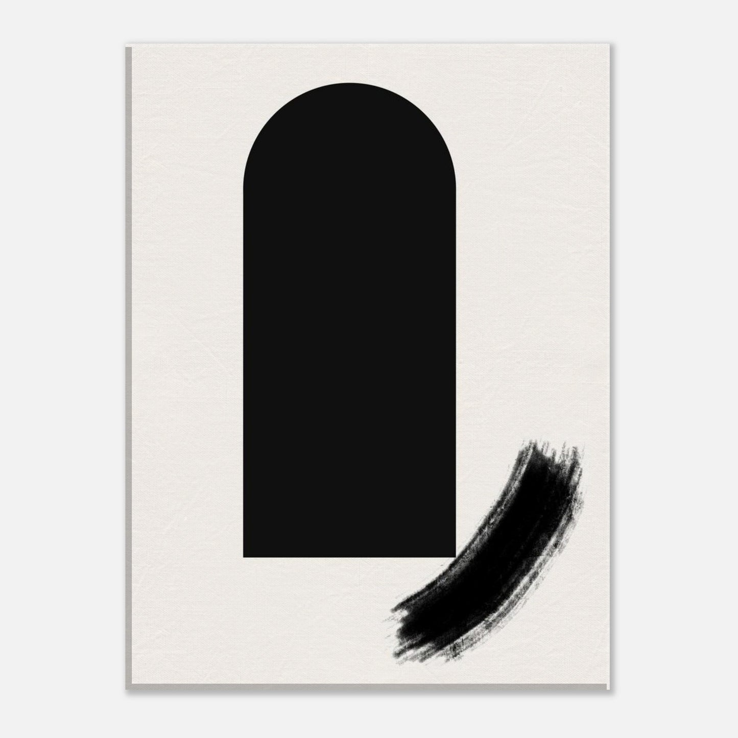 Minimalist Japandi poster featuring a black arch shape and expressive brush stroke on a neutral beige background.