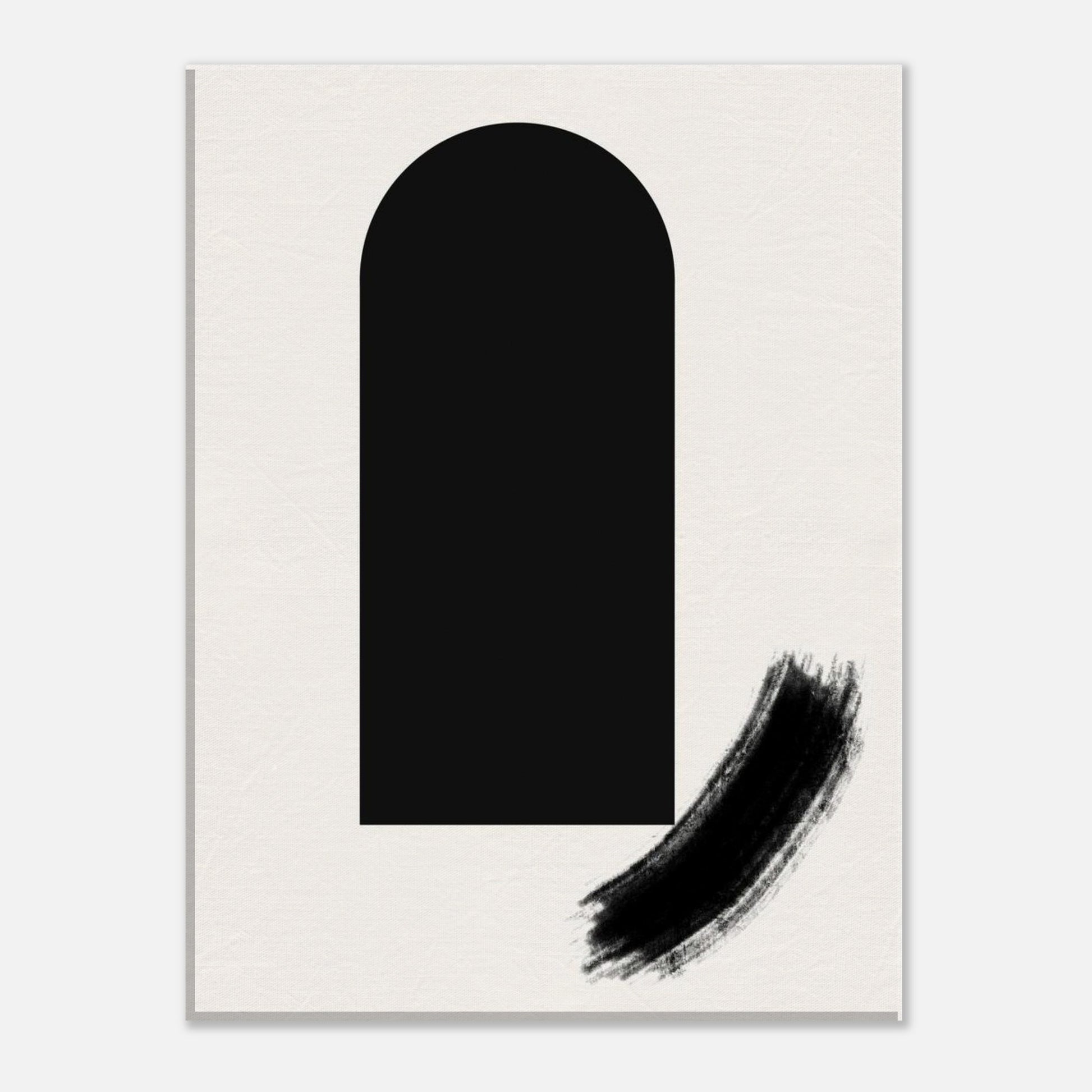 Minimalist Japandi poster featuring a black arch shape and expressive brush stroke on a neutral beige background.