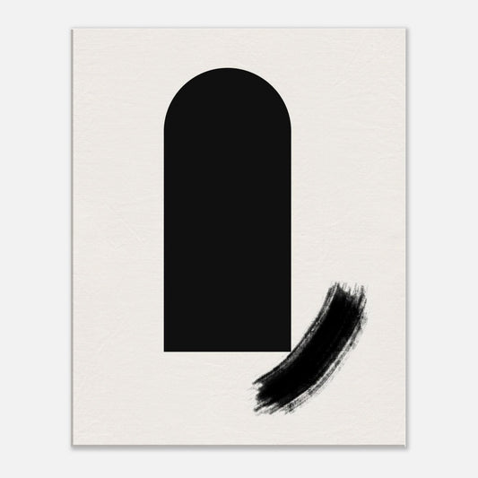 Minimalist Japandi poster featuring a black arch shape and expressive brush stroke on a neutral background.