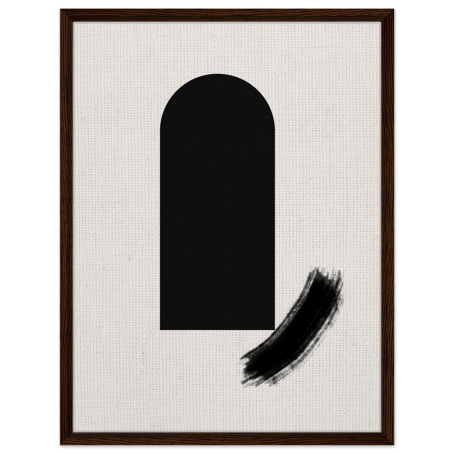Minimalist black arch print with expressive brushstroke in a natural wood frame