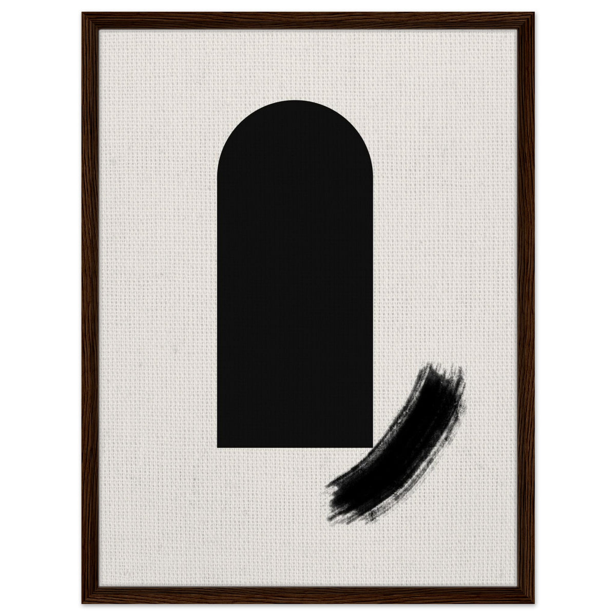 Minimalist black arch print with expressive brushstroke in a natural wood frame