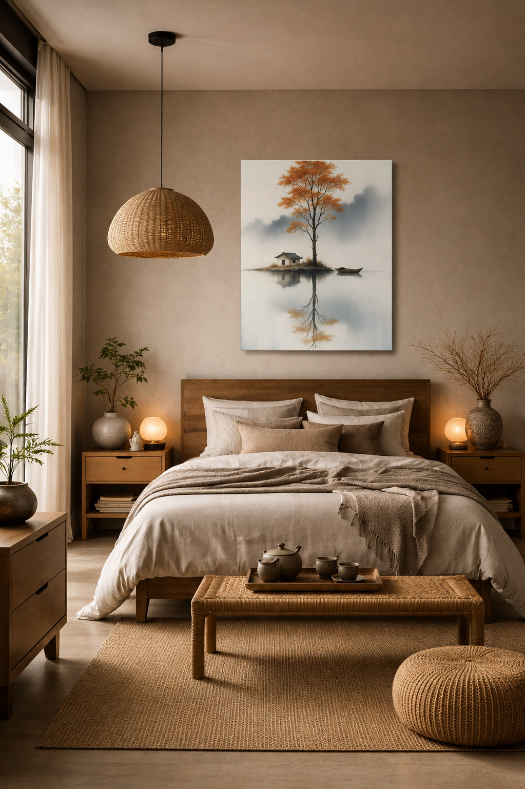 Autumn tree lake canvas print above bed in warm Japandi bedroom interior
