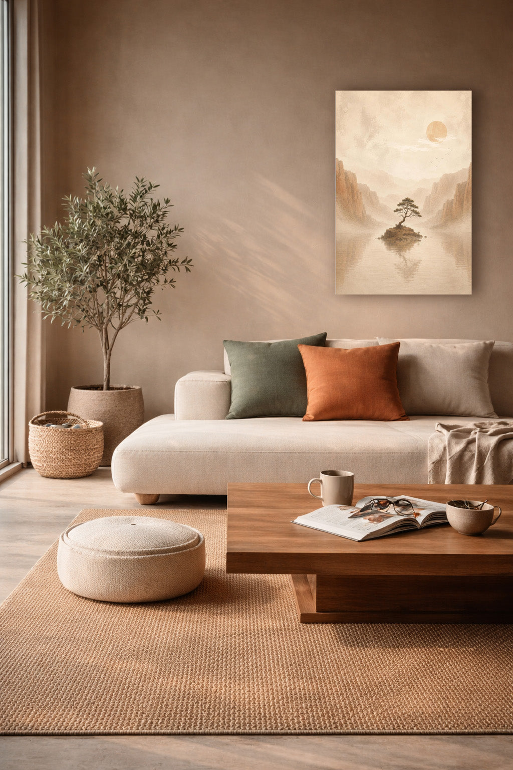 Japanese-inspired neutral wall art displayed in a cozy modern living room with warm earthy decor.