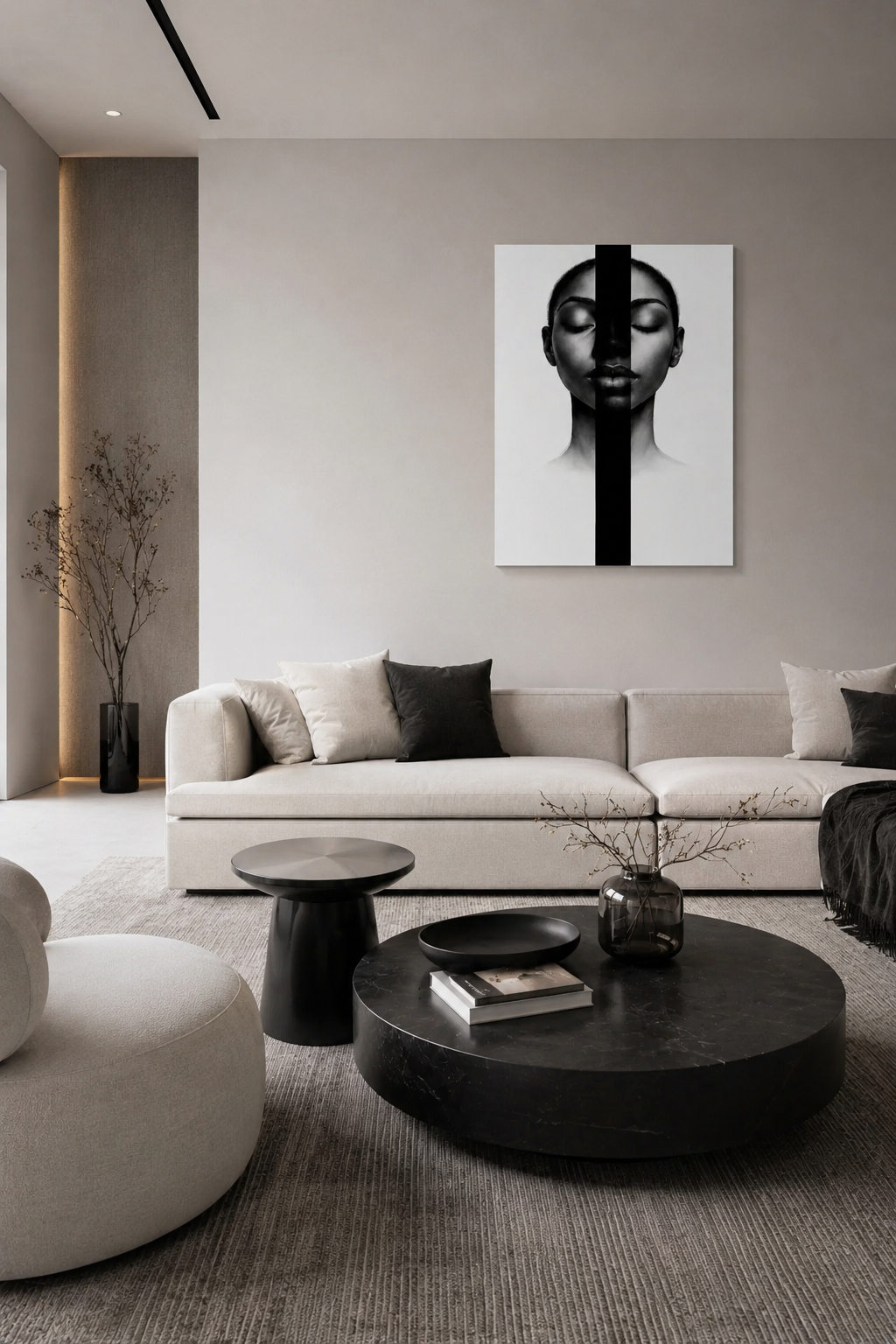 Black and white portrait canvas displayed above a cream sofa in a modern luxury living room with round coffee tables and neutral decor.
