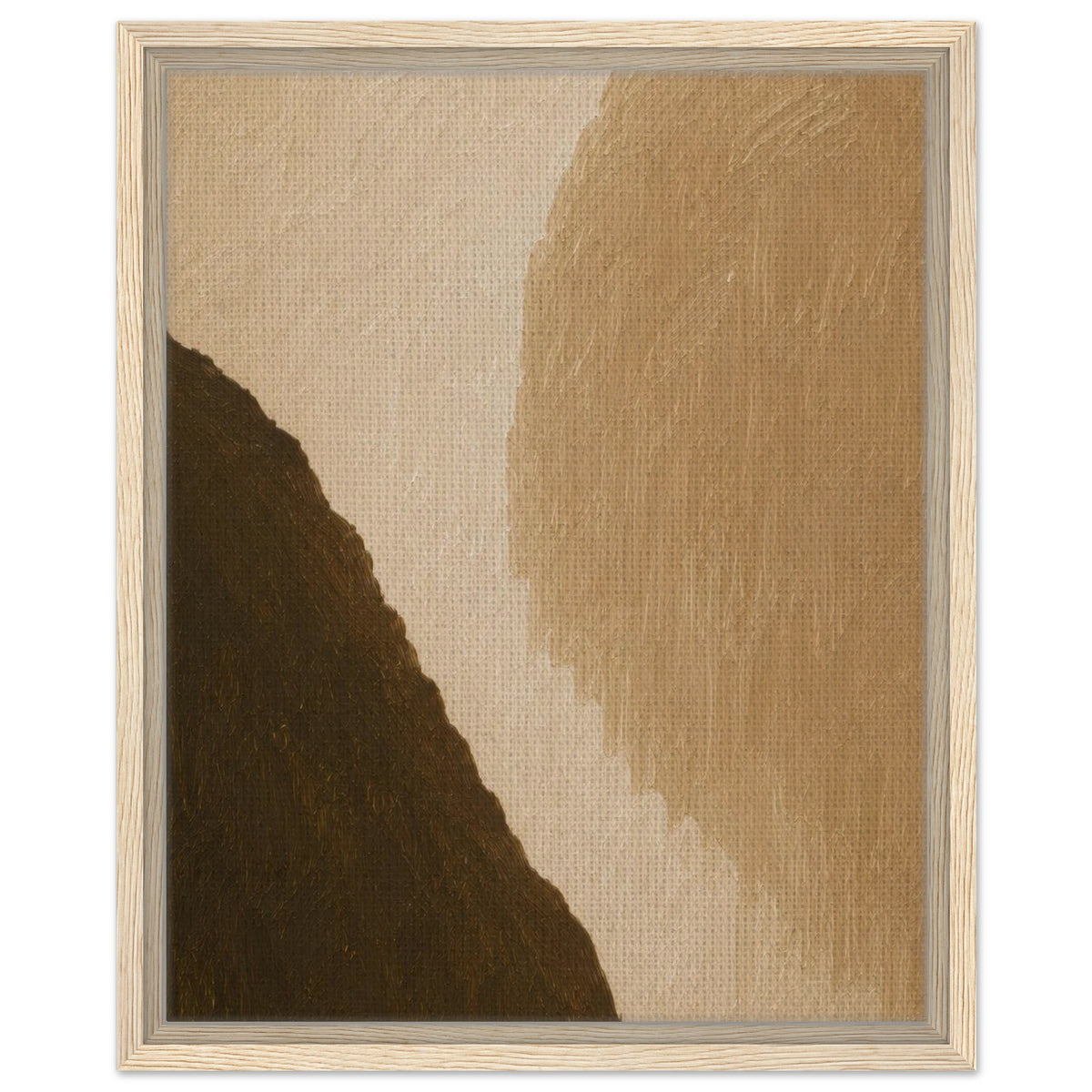 Minimalist brown and tan canvas artwork finished with a natural wood frame