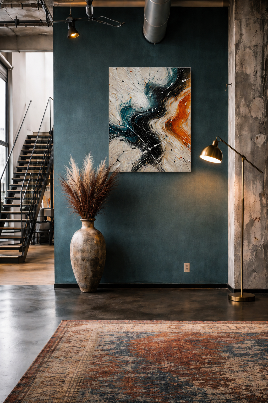 Abstract teal and burnt orange canvas wall art displayed on a dark teal accent wall in an industrial loft interior with concrete textures and warm lighting.