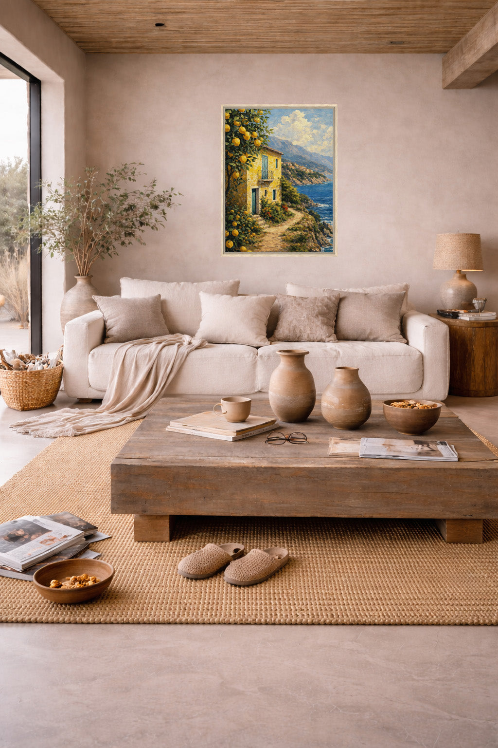 Minimalist home interior with Mediterranean coastal canvas wall art