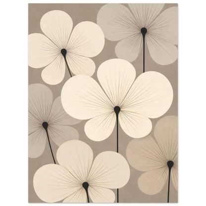 Ivory flower heads and slender dark stems across a soft neutral background