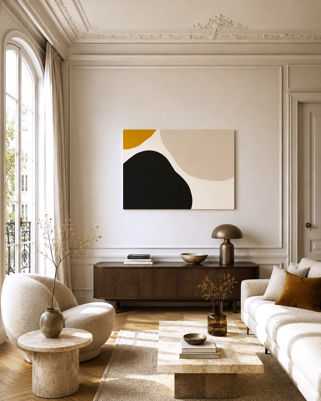 Minimalist abstract wall art print in elegant beige living room interior