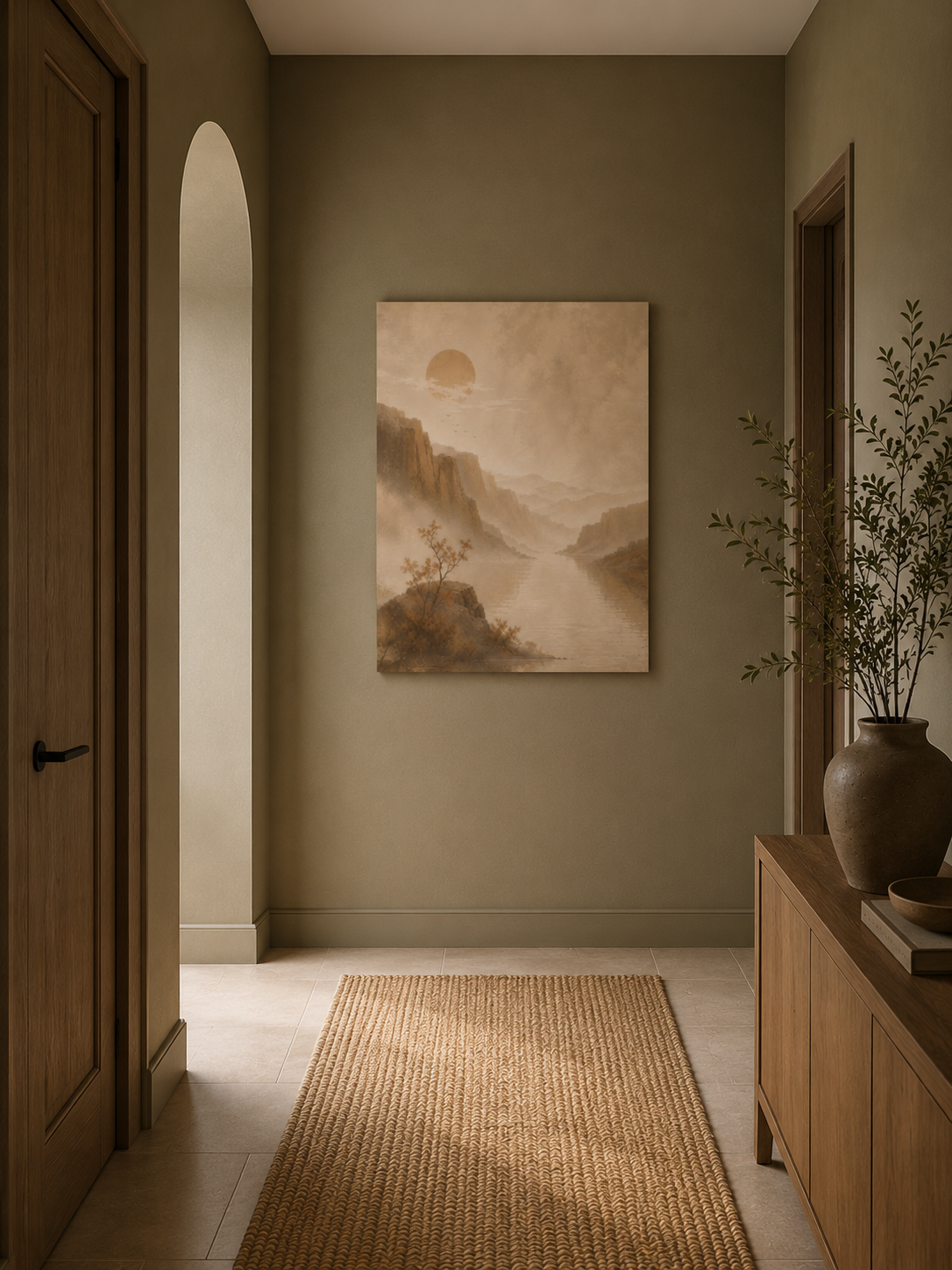 Landscape canvas hanging in a bright minimalist hallway with wooden accents and soft daylight.