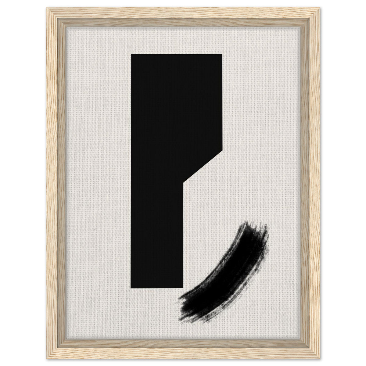 Minimalist black ink shape artwork with curved brushstroke in natural wood frame
