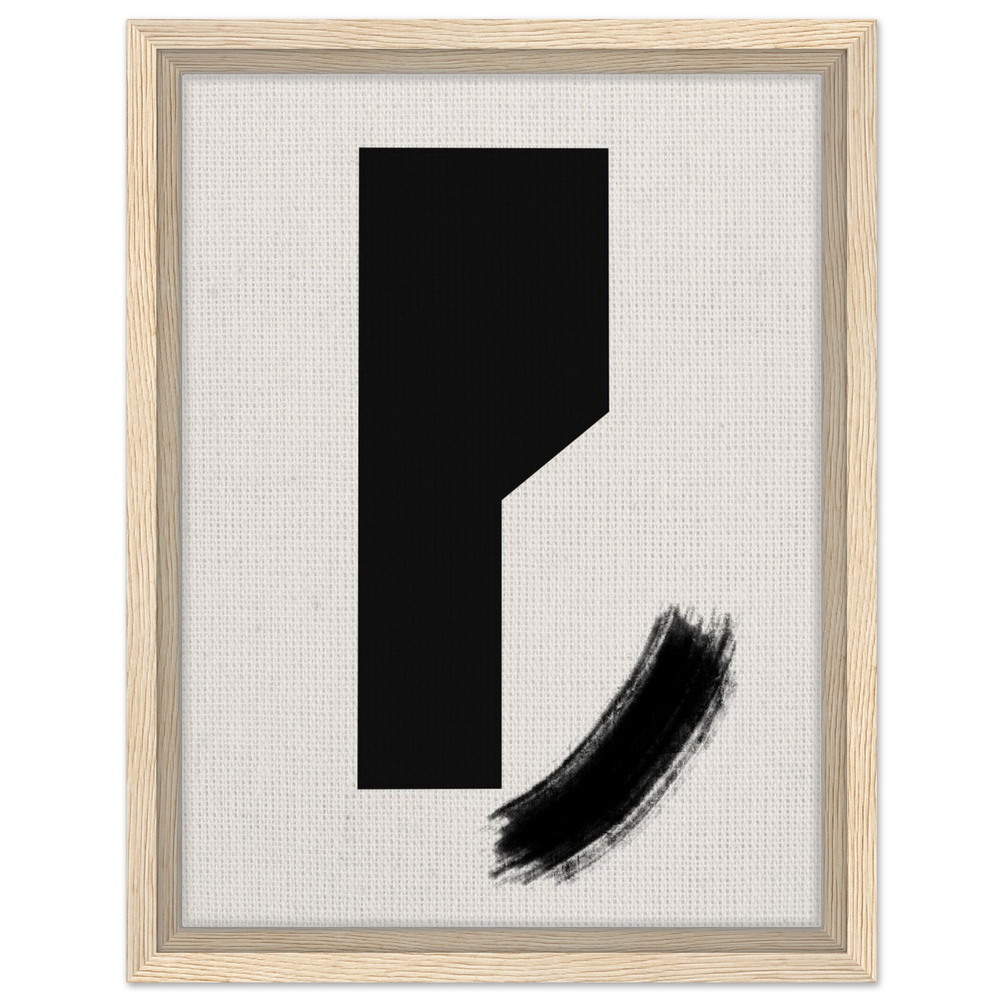 Minimalist black ink shape artwork with curved brushstroke in natural wood frame
