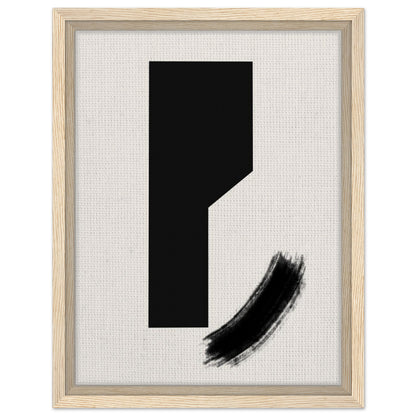 Minimalist black ink shape artwork with curved brushstroke in natural wood frame