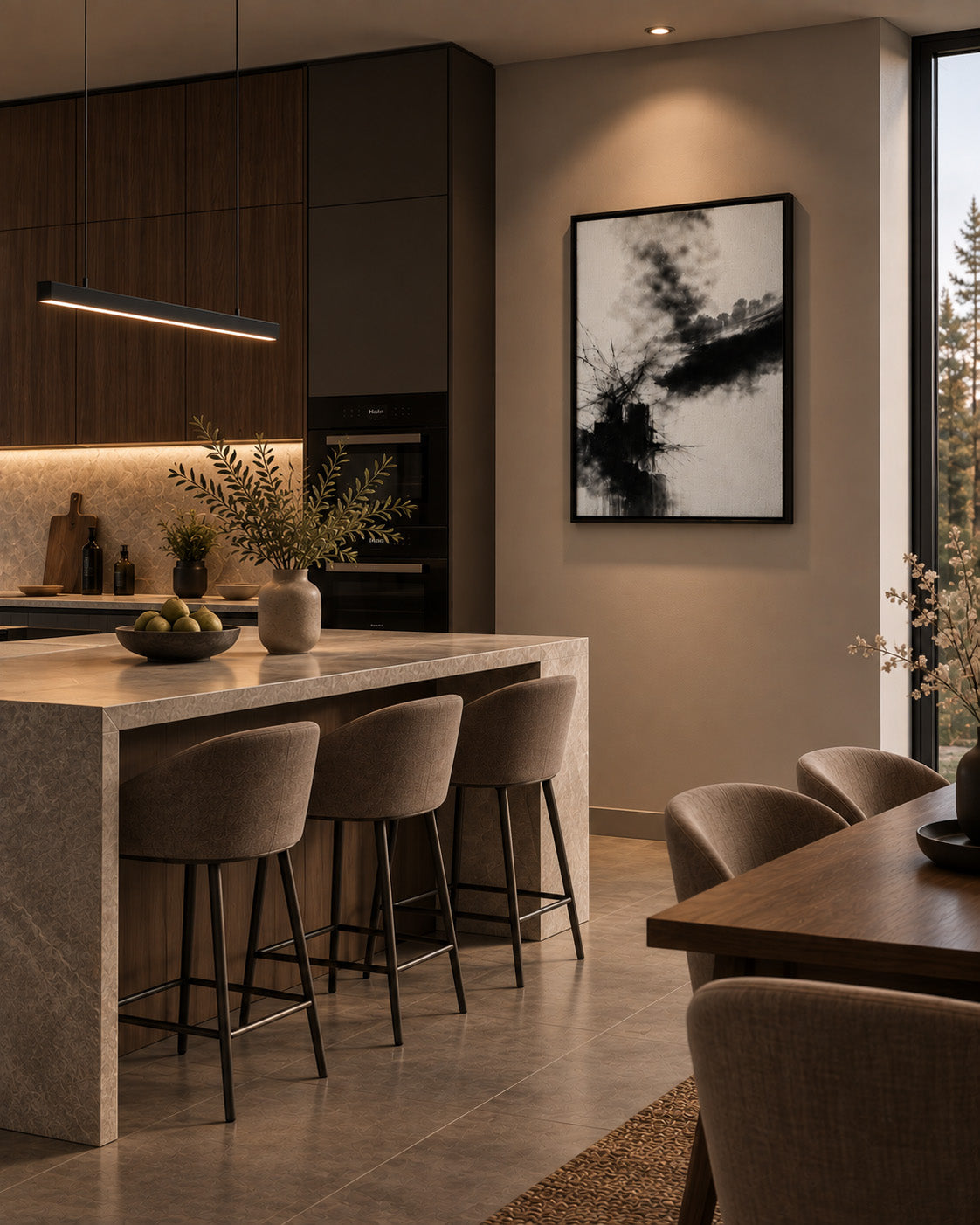 Minimalist black ink wall art styled in an elegant modern dining space