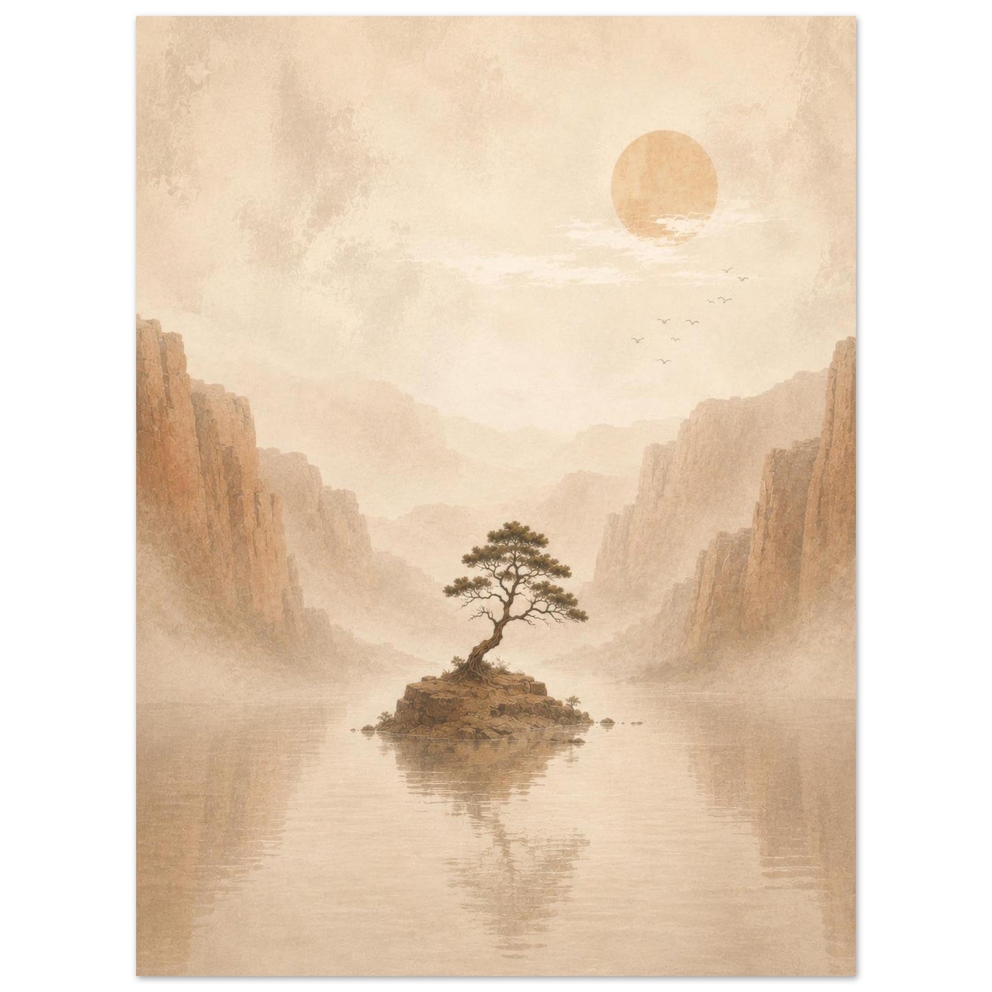 Minimalist Japanese-inspired wall art with a solitary tree reflected in a tranquil lake and warm neutral colors.