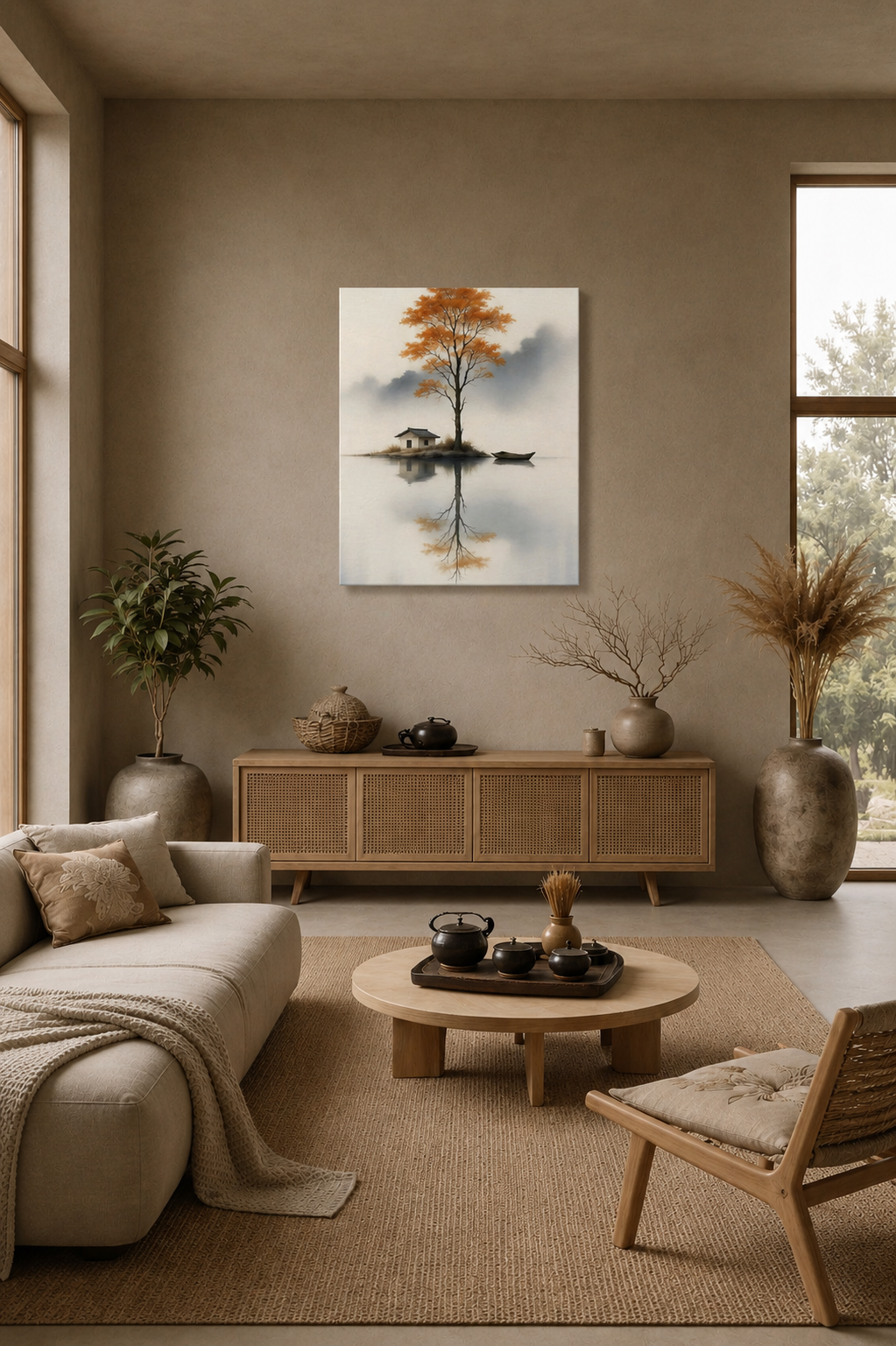 Autumn tree lake canvas wall art in warm minimalist living room with neutral decor
