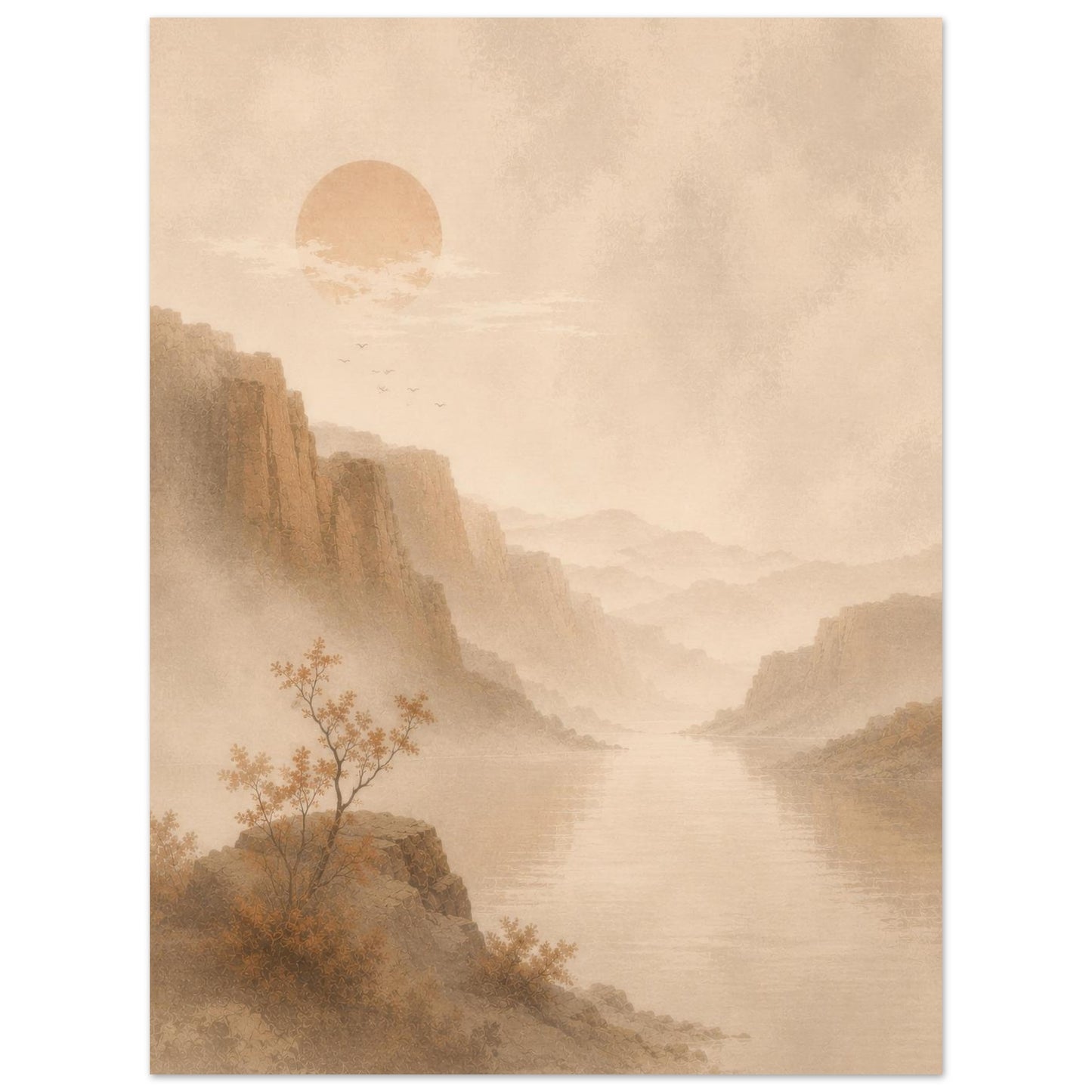 Minimalist mountain and lake poster inspired by traditional Japanese scenery in neutral tones.