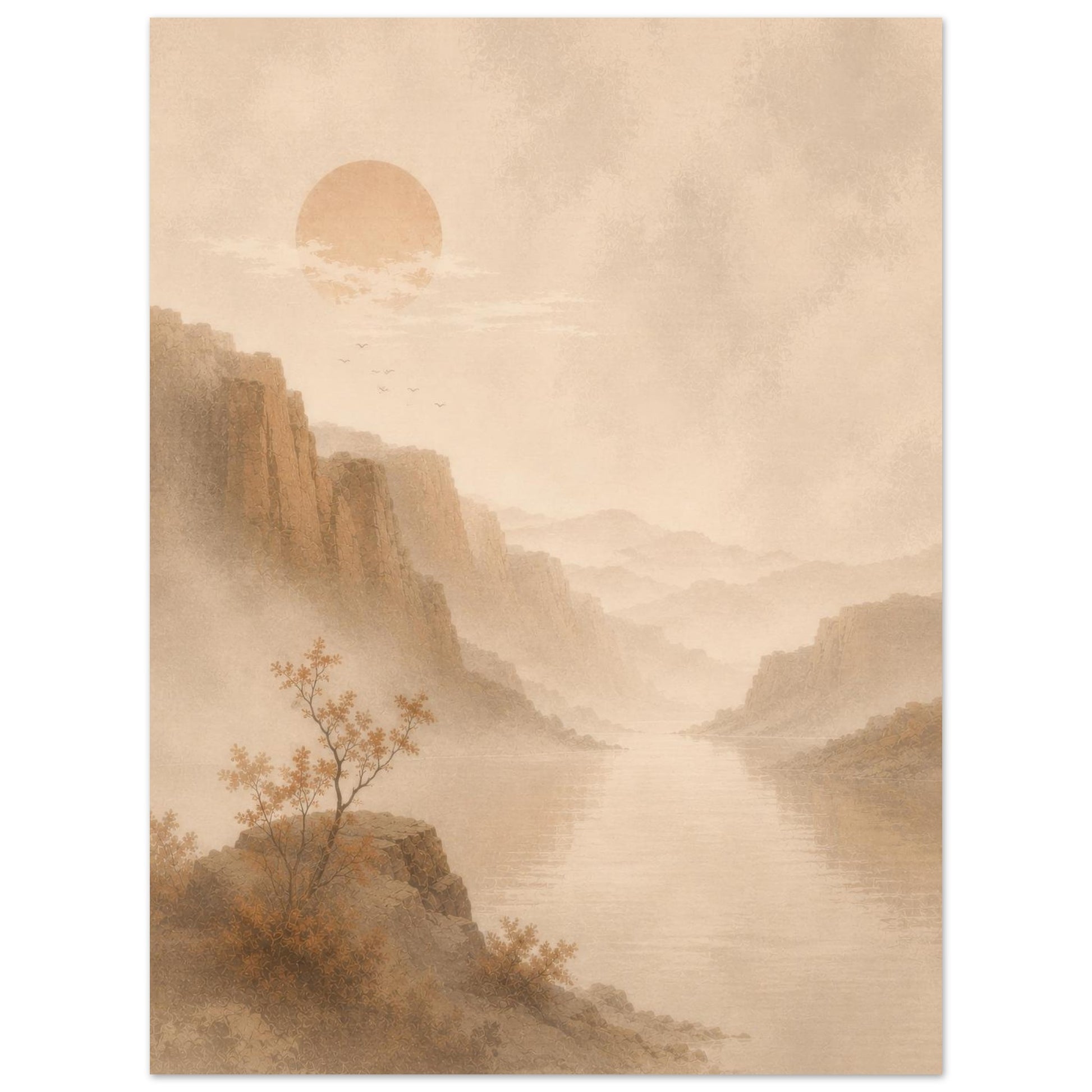 Minimalist mountain and lake poster inspired by traditional Japanese scenery in neutral tones.