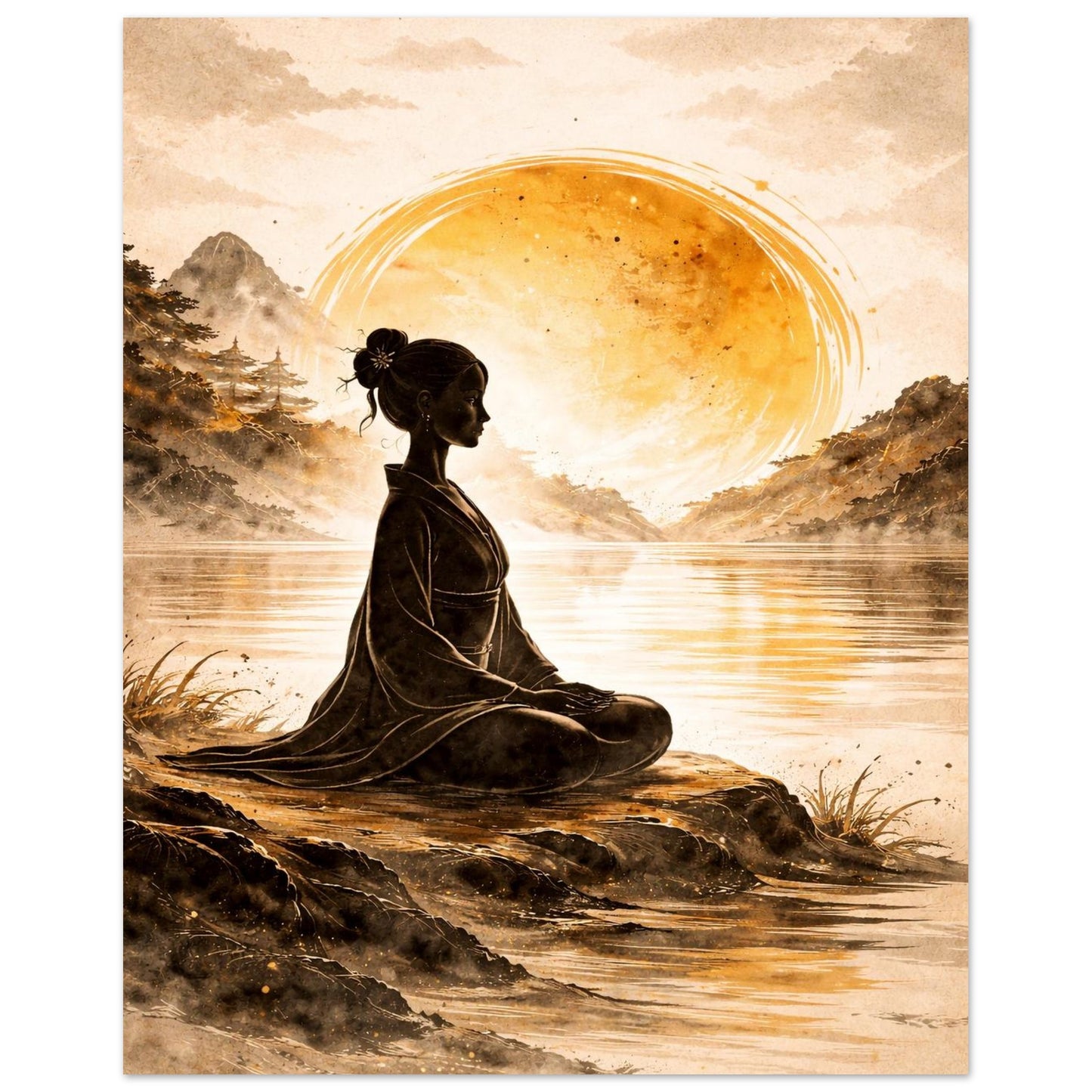 Minimalist nature wall art poster with sunset over lake and silhouette figure, calming home decor